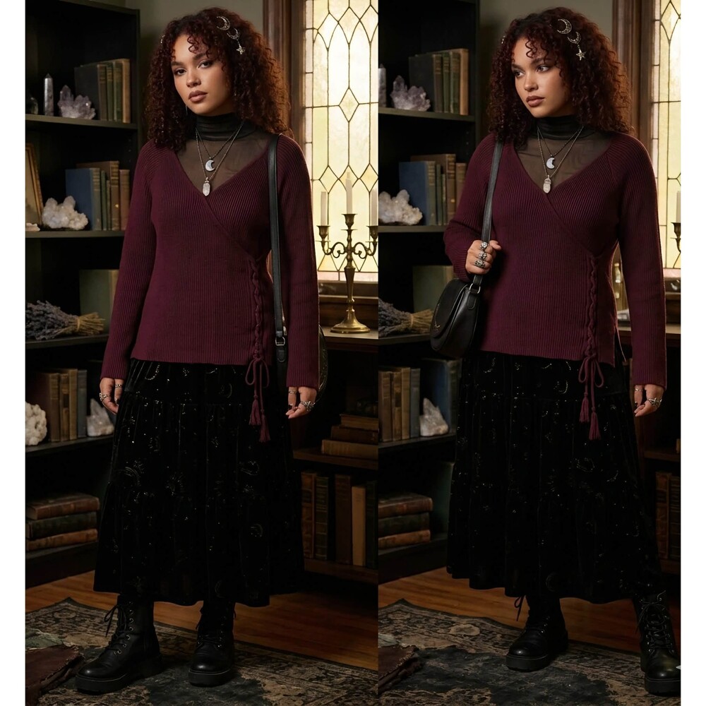 New York &Company Plum Ribbed LaceUp Side WrapSweater XL 90s Witchy Goth Charmed